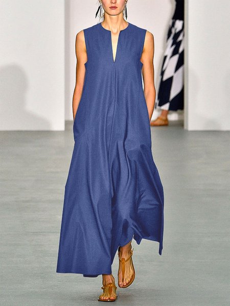 

Faux Denim Plain Casual Loosen Sleeveless Dress, Blue, Maxi Dresses