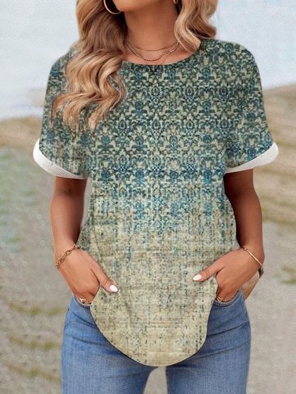 

Ethnic Knitted Crew Neck Casual T-Shirt, Green, T-Shirts
