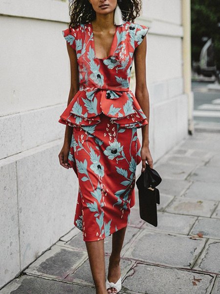 

Floral Elegant V Neck Regular Fit Dress, As picture, Midi Dresses