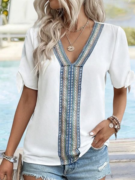 

Vacation Lace Loose Color Block Geo Tape Knot Cuff Split Sleeve Shirt, White, Shirts & Blouses