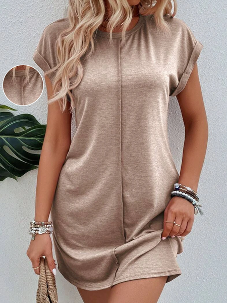 

Crew Neck Casual Loose Plain Batwing Sleeve Dress, Khaki, Dresses