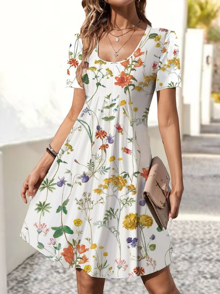 

Floral Crew Neck Loose Casual Dress, Multicolor, Short