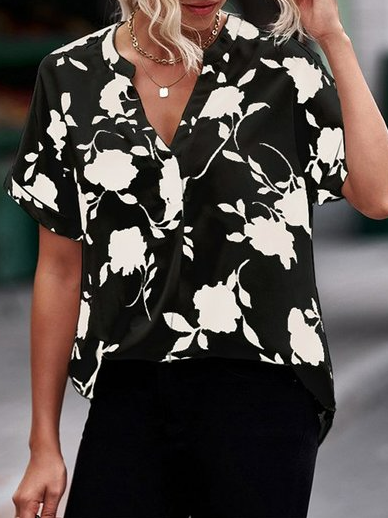 

Floral V Neck Loose Casual Blouse, Black, Shirts & Blouses