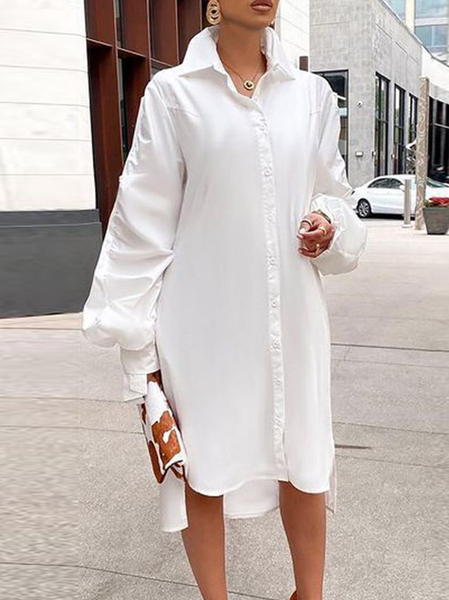 

Shirt Collar Loose Casual Dress, White, Midi Dresses
