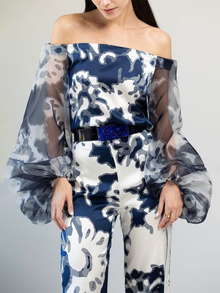 

Vacation Abstract Cold Shoulder Regular Fit Shirt, Blue, Blouses and Shirts