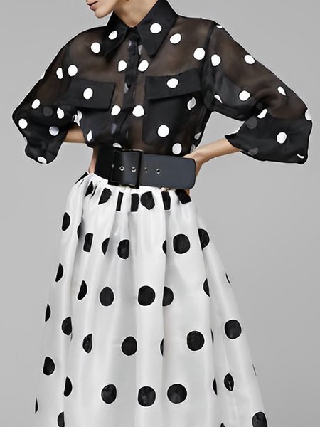 

Polka Dots Shirt Collar Loose Elegant Blouse, Black, Blouses and Shirts