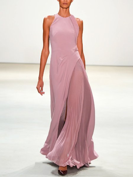 

Regular Fit Vacation Plain Sleeveless Crew Neck Maxi Dress, Nudepink, Maxi Dresses