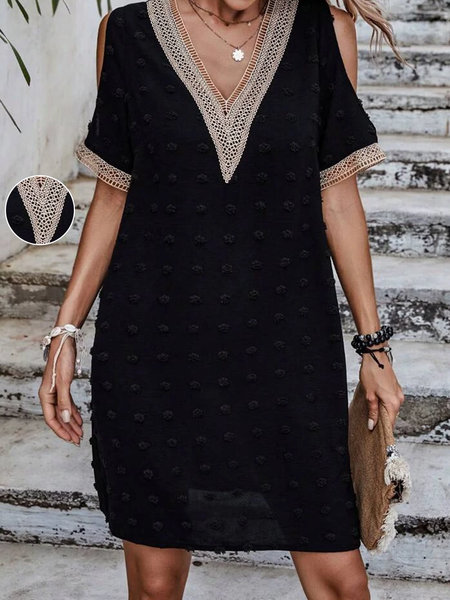 

Plain Casual Guipure Lace Cold Shoulder Dress, Black, Dresses