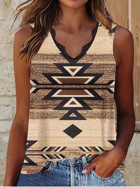 

Vacation Geometric V Neck Tank Top, Khaki, Tanks & Camis