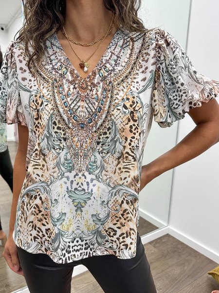 

Vacation Ethnic V Neck Lantern Sleeve Shirt, White, Shirts & Blouses