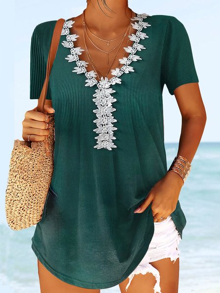 

Summer Lace V Neck Casual T-Shirt, Darkgreen, T-Shirts