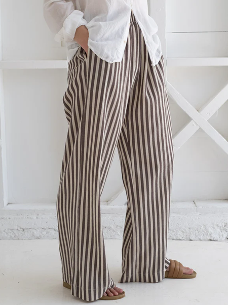 Loose Geometric Cotton And Linen Linen Pants, Coffee, Pants