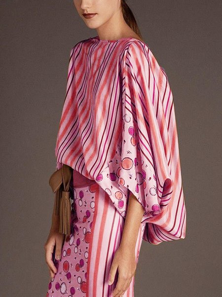

Regular Fit Crew Neck Elegant Striped Shirt, Pink, Blouses and Shirts