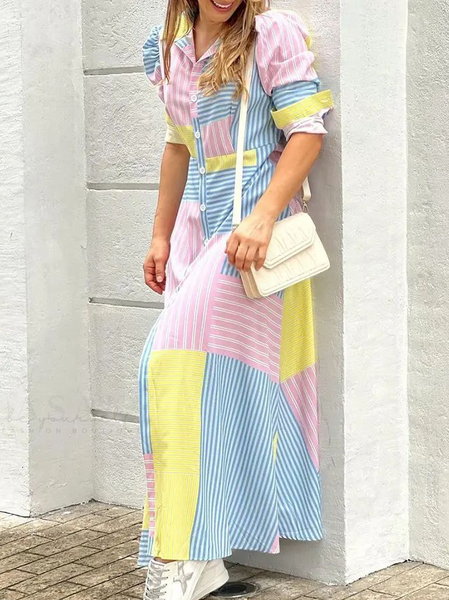 

Loose Vacation Shirt Collar Plaid Dress, As picture, Maxi Dresses