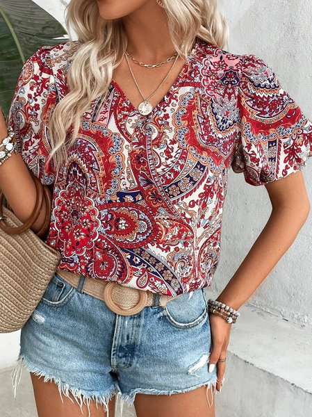 

V Neck Casual Loose Ethnic Shirt, Red, Shirts & Blouses