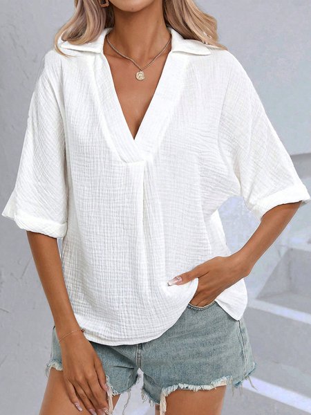 

V Neck Plain Simple Loose Shirt, White, Shirts & Blouses