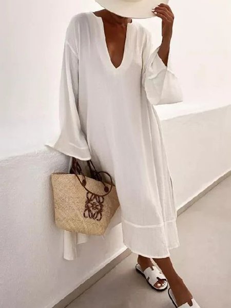 

Plain V Neck Casual Loose Dress, White, Midi Dresses