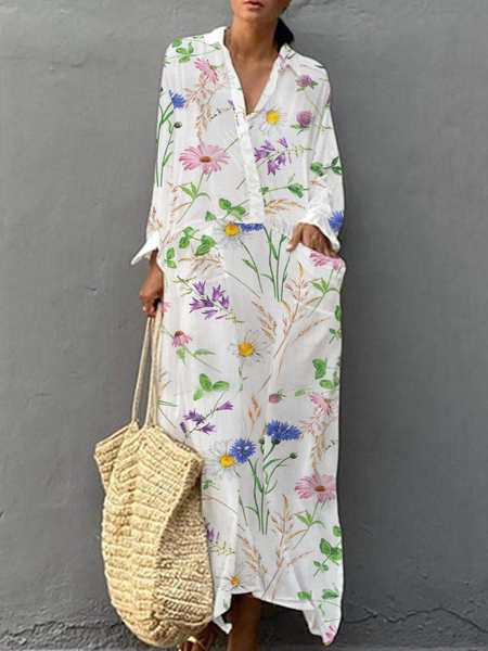 

Floral Vacation Half Open Collar Loose Dress, White, Dresses