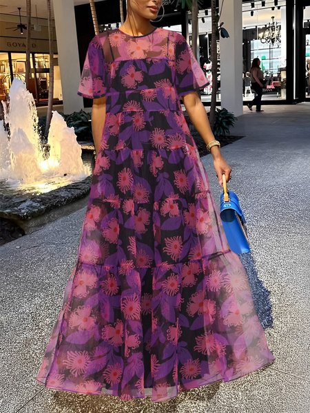 

Crew Neck Vacation Loose Floral Short Sleeve Maxi Dress, Purple, Maxi Dresses