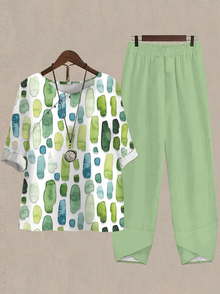 

JFN Cotton & Linen Geometric Casual Two-Piece Set, Green, Suit Set