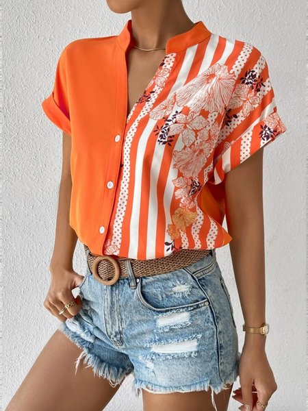 

Loose Floral Stand Collar Urban Blouse, Orange, Blouses and Shirts