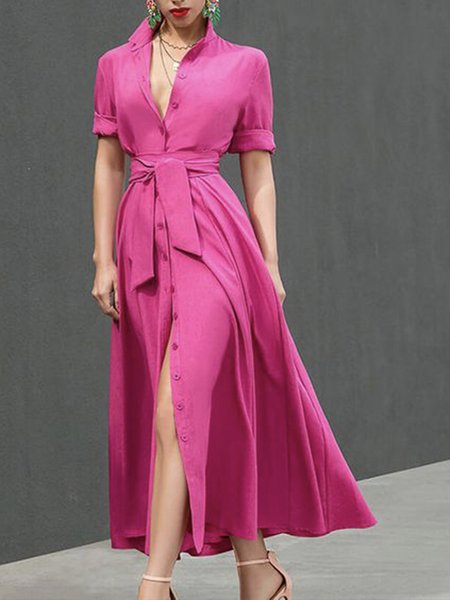 

Elegant Shirt Collar Regular Fit Three Quarter Dress, Rose red, Midi Dresses