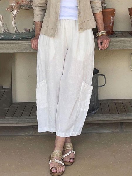 

Linen Loose Cotton And Linen Plain Pants, White, Pants
