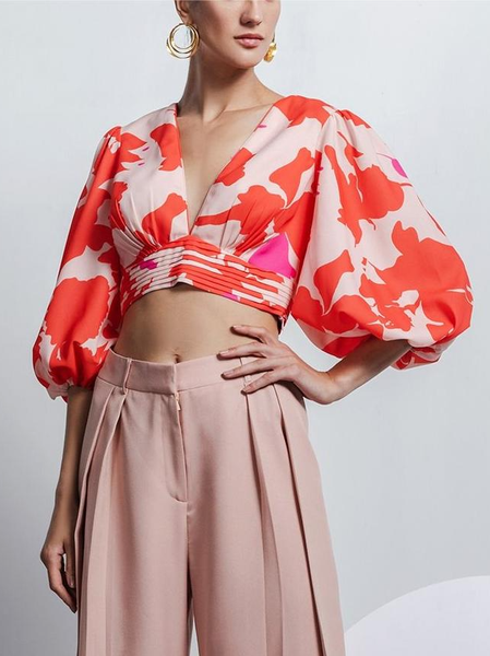 

V Neck Floral Regular Fit Vacation Shirt, As picture, Blouses and Shirts