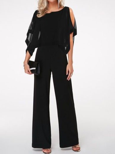 

Urban Split Joint Chiffon Jumpsuit, Black, Jumpsuits＆Rompers