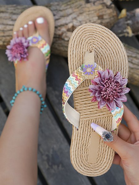 

Bohemian Applique Beach Flip-Flops, Purple, Shoes