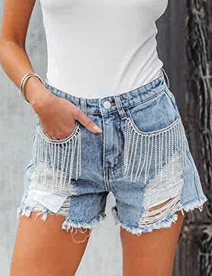 

Women's Denim Shorts Mid Rise Ripped Hem Tassels Stretchy Casual Jean Shorts Frayed Distressed Hot Shorts, Light blue, Jeans