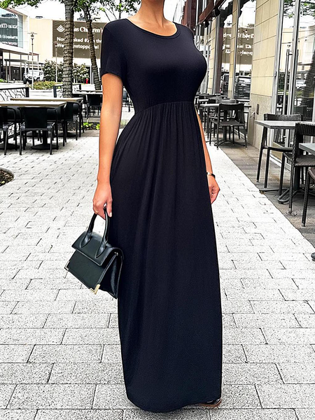 

Loose Lightweight Short sleeve Plain Urban Long Dress, Black, Maxi Dresses
