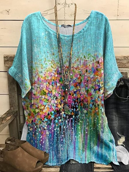 

Crew Neck Floral Loose Shirt, Blue, Shirts & Blouses