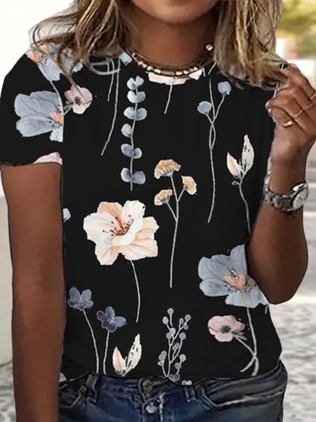 

Plus Size Casual Knitted Loose Floral T-Shirt, Black, T-Shirts