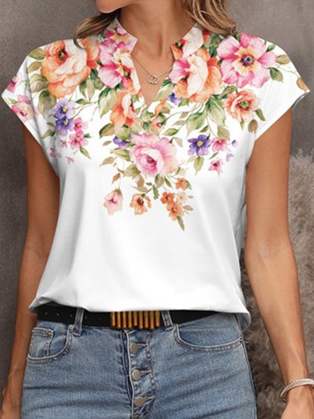 

Floral Notched Casual Blouse, White, Shirts & Blouses