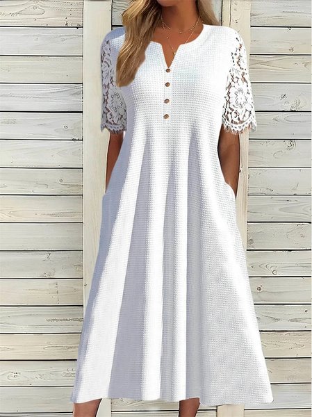 

Plain Lace Sleeve Casual Notched Dress, White, Dresses
