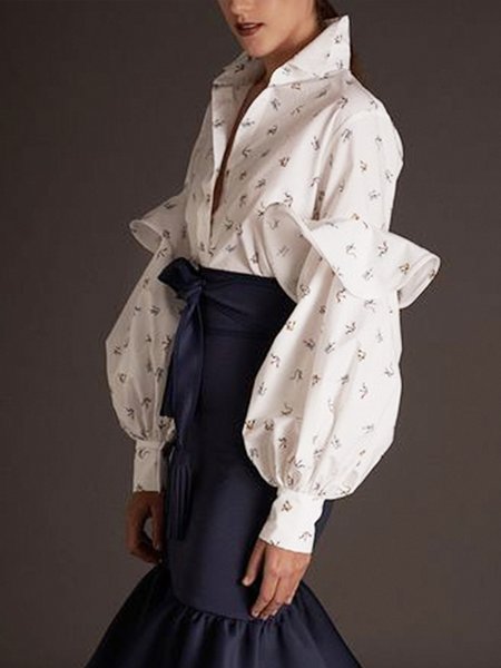 Long sleeve Elegant Shirt Collar Regular Fit Blouse, White, Blouses and Shirts