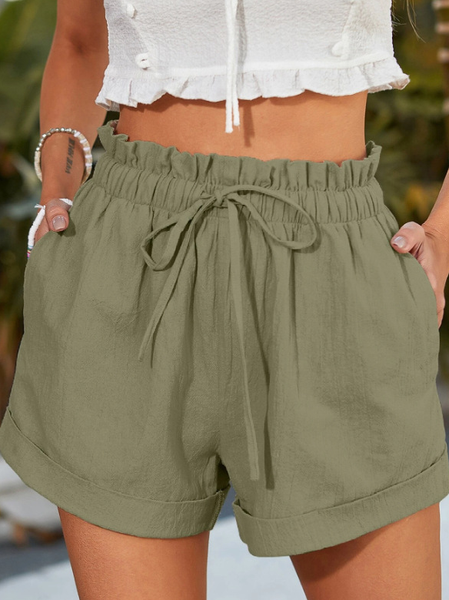 

Women's Cotton And Linen Summer Shorts Ruffle Elastic Hight Waist Casual Shorts with 2 Pockets, Army green, Shorts