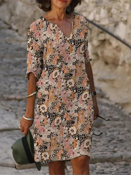 

Casual V Neck Floral Loose Dress, Beige, Dresses