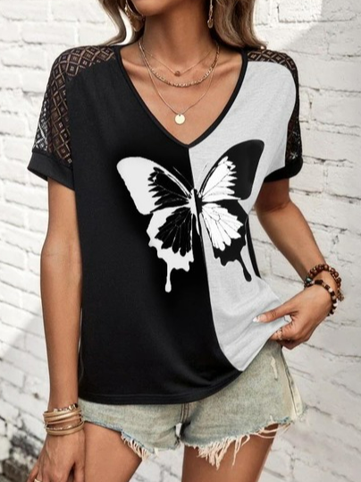 

Casual Butterfly Split Joint T-Shirt, Black, T-Shirts
