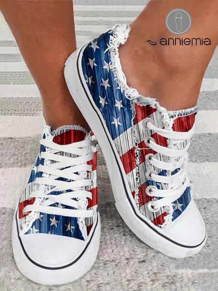 

Independence Day Flag Fringe Hem Lace-up Canvas Shoes, Red-blue, Sneakers