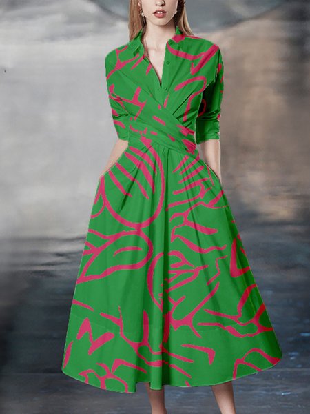 

Abstract Graphic Regular Fit Shirt Collar Dress, Green, Midi Dresses