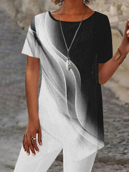 

Loose Casual Crew Neck Ombre Shirt, Black-white, Shirts & Blouses