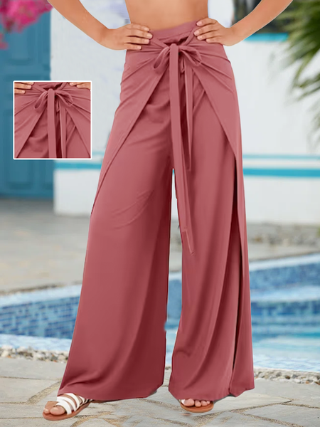

High Waisted Lace Up Split Hem Wide Leg Flowy Casual Pants, Red, Pants