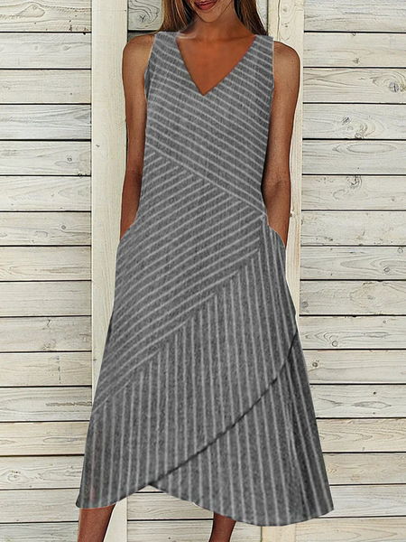 

V Neck Casual Striped Loose Dress, Gray, Dresses