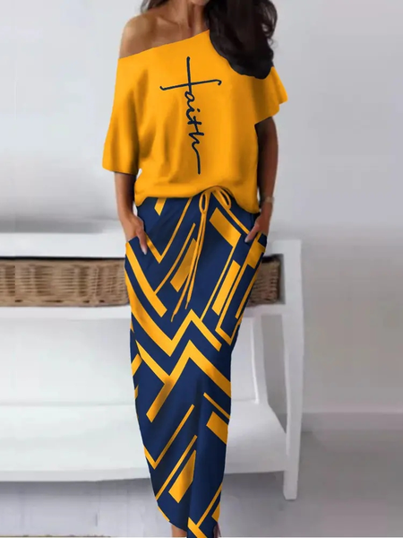 

Loose Boat Neck Geometric Casual Two-Piece Set, Yellow, Tops