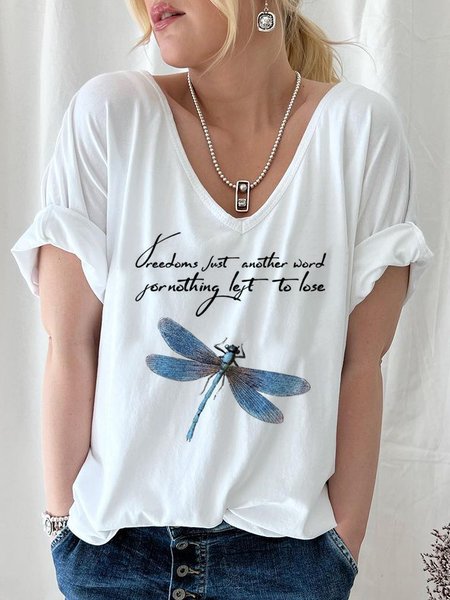 

Loose V Neck Casual Dragonfly T-Shirt, White, T-Shirts
