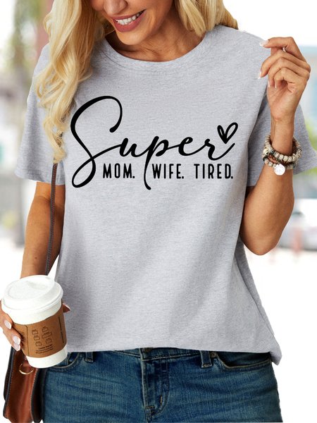 

Women‘s Super Mom Mother's Day Sarcastic Casual Letters Crew Neck T-Shirt, Gray, T-shirts