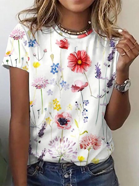 

Casual Floral Loose T-Shirt, White, T-Shirts