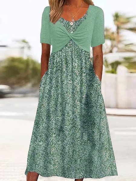 

V Neck Floral Casual Loose Dress, Green, Dresses